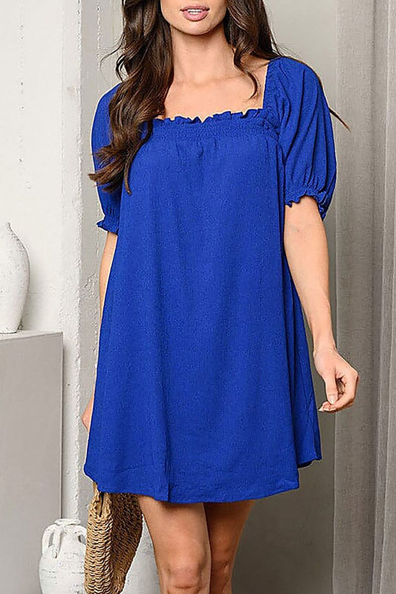 Short puff sleeve square neck tunic mini dress (EDWT9524)