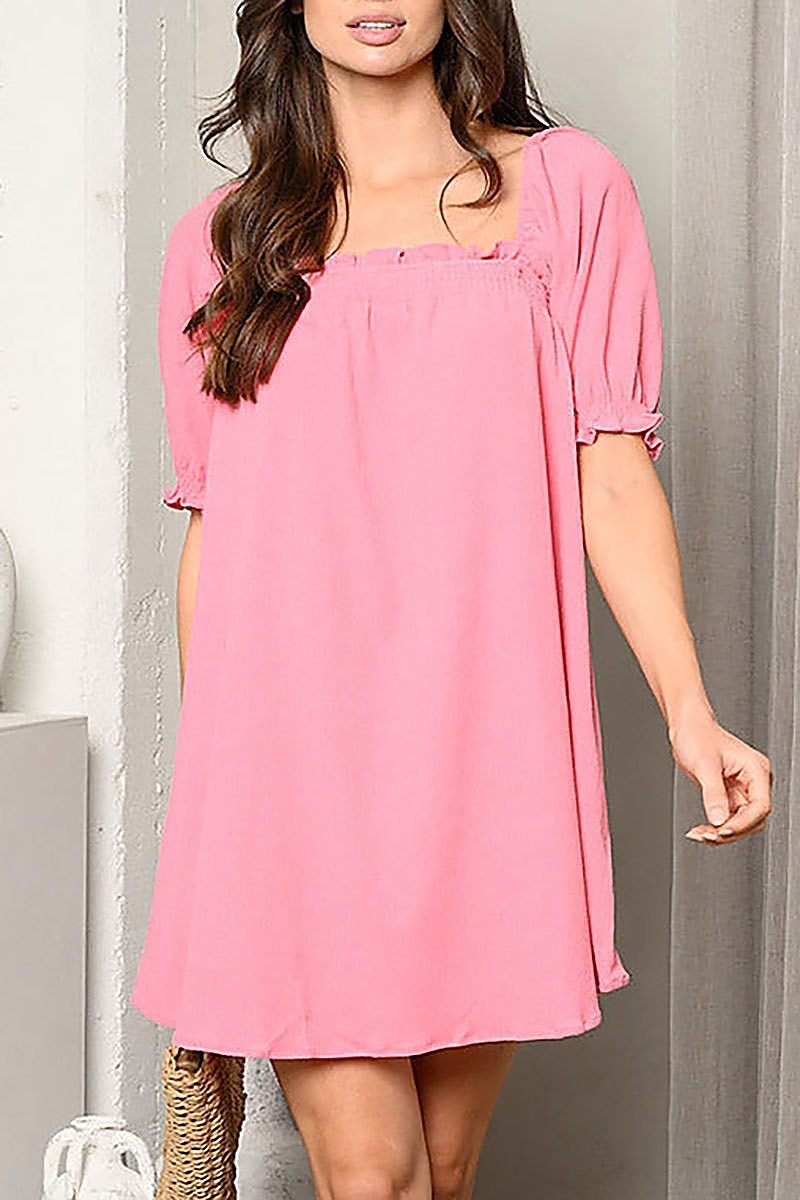 Short puff sleeve square neck tunic mini dress (EDWT9524)