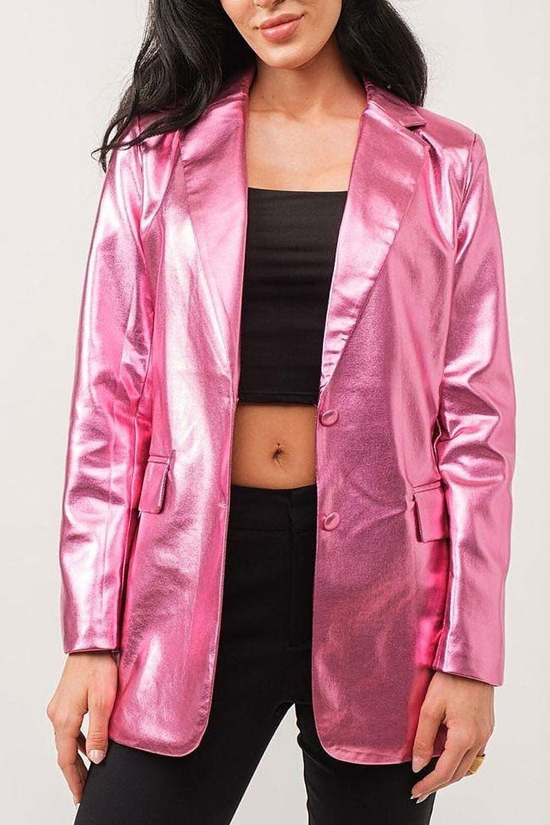 Long sleeve button closure pu metallic blazer (EFWT9686)