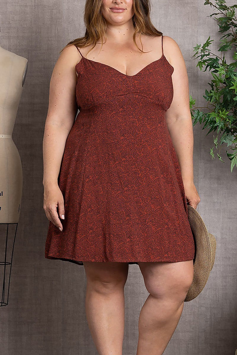 Leaf print spaghetti strap plus size mini dress (EDSW3018)