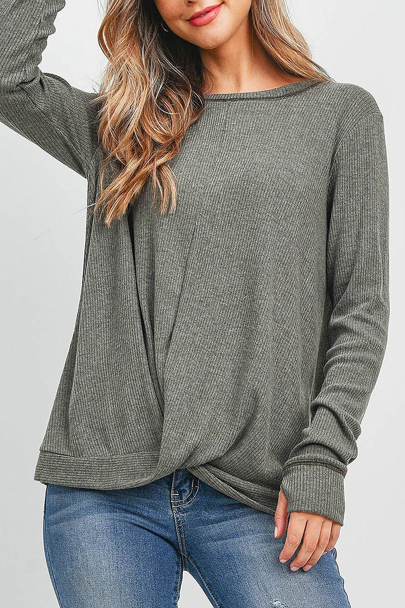 Twist front hem long sleeve top (EF2189)