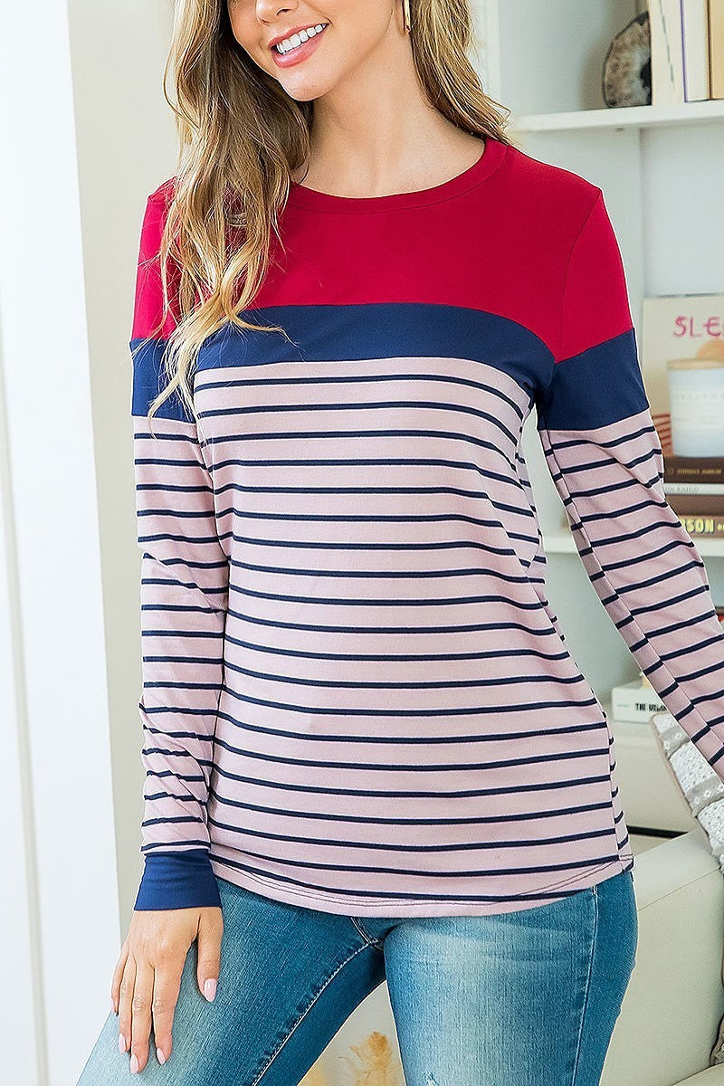 Long sleeve stripes contrast top (EF4714)