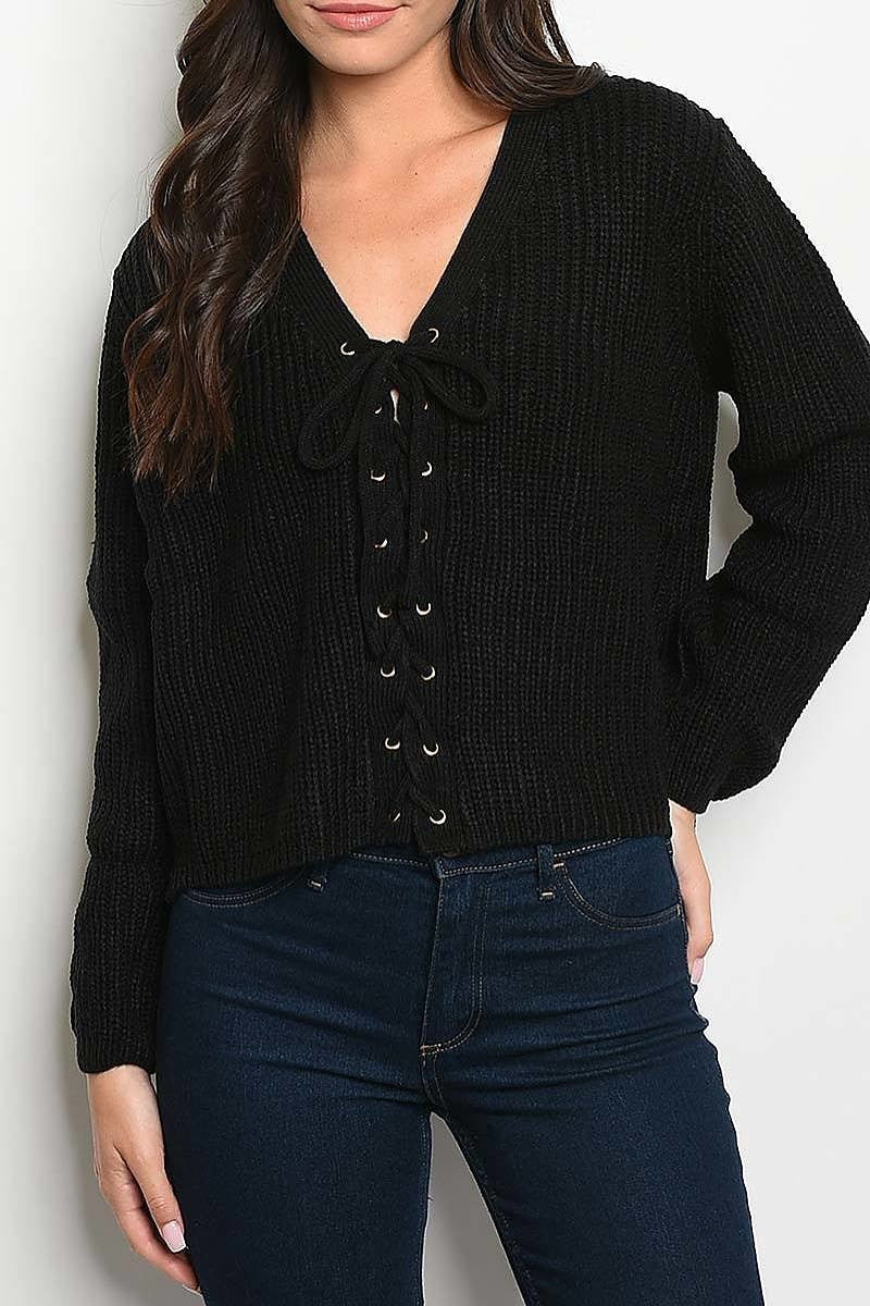 V neck lace up front sweater (DGS3775-LAST)