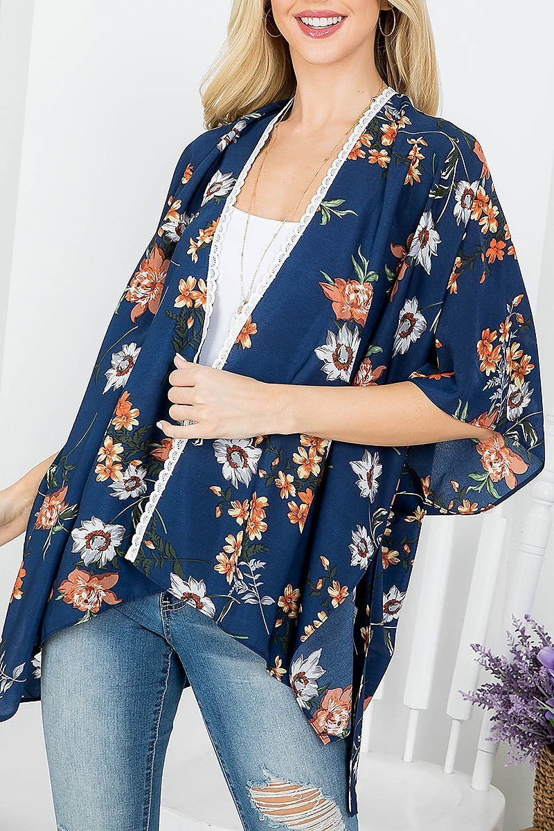 Floral print kimono with lace trim (EF3970)