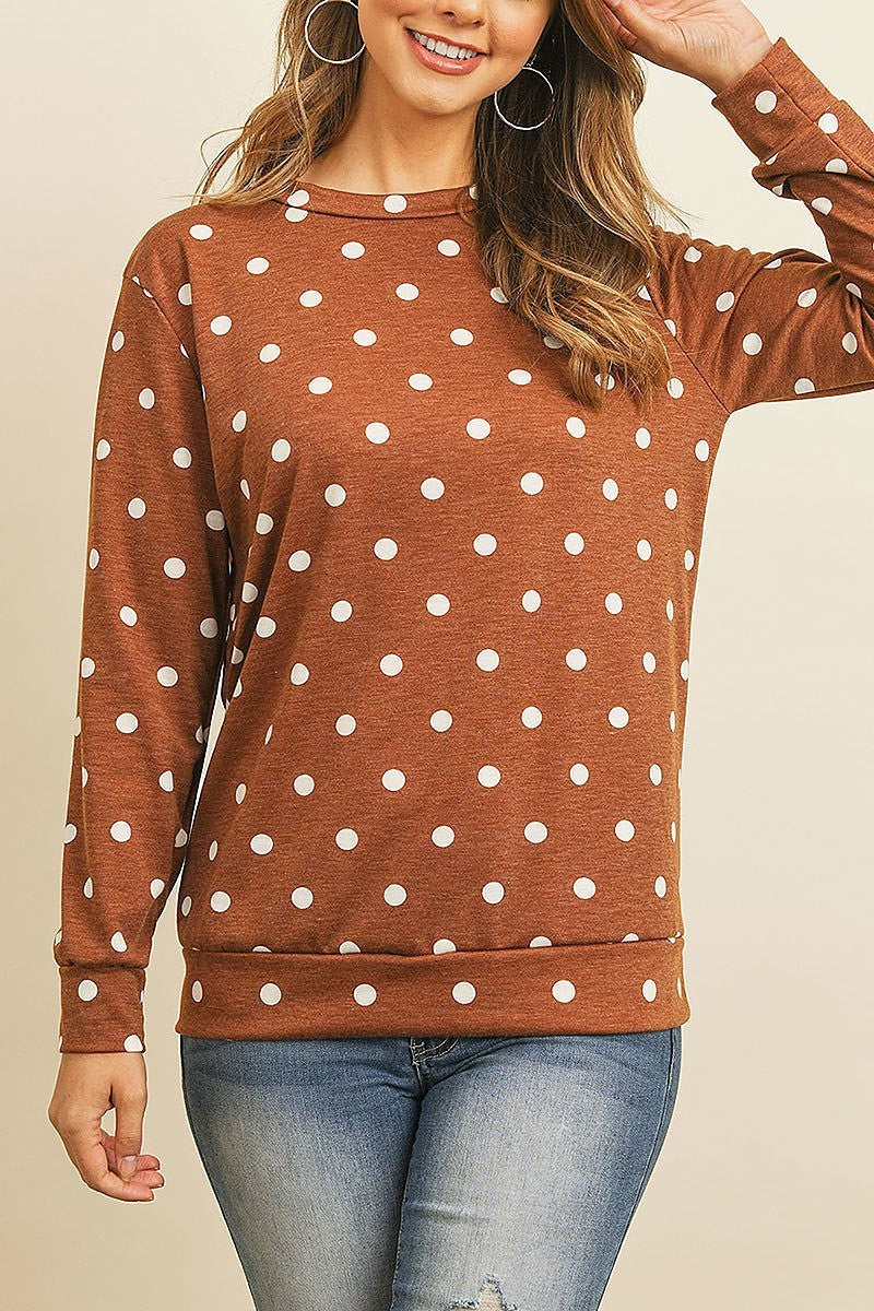 Fleeced polka dot print long sleeved pullover top (EF2654)