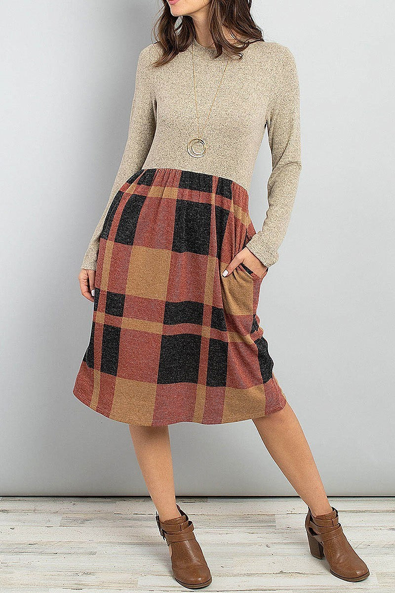 Two toned high neck long sleeves plaid contrast dress (DED5776)