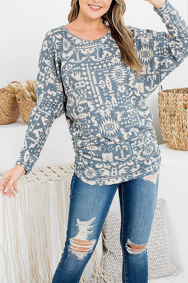 Scoop neck aztec print long sleeve top (EF2775)