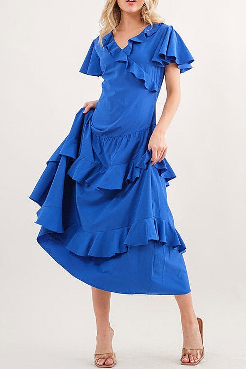 Short sleeve ruffle detailed surplice maxi dress (EFWT6249)