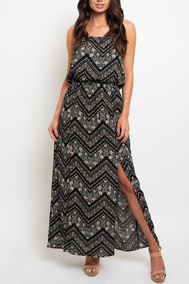 Chevron floral print slit detail maxi dress (EDWT2268)