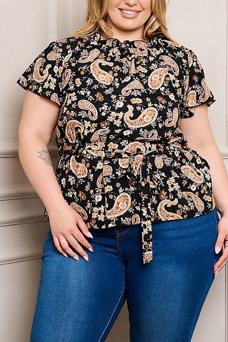 Short sleeve mock neck self tie multi print top (EDWT9822)