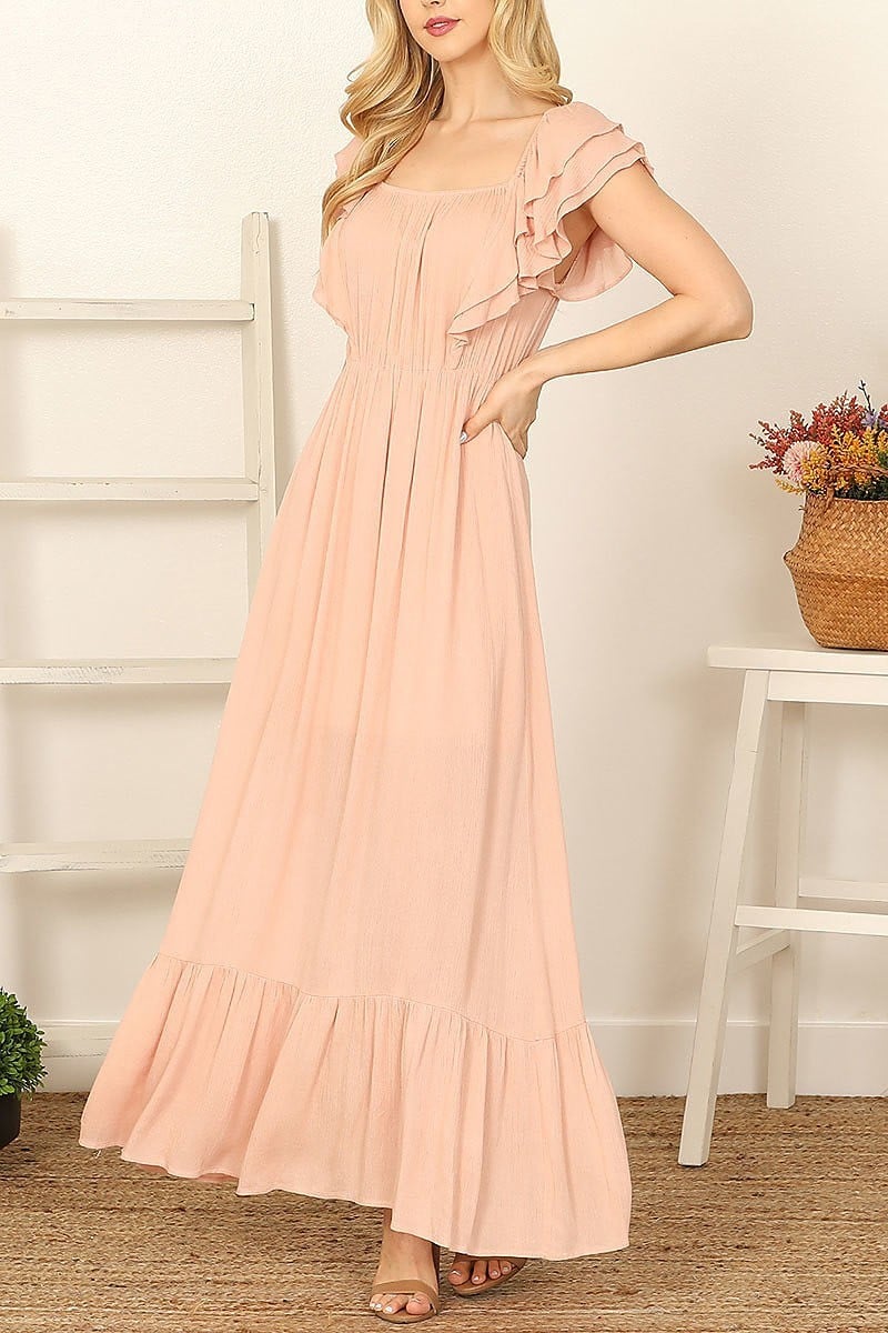 Ruffle sleeve solid maxi dress (DED9348)