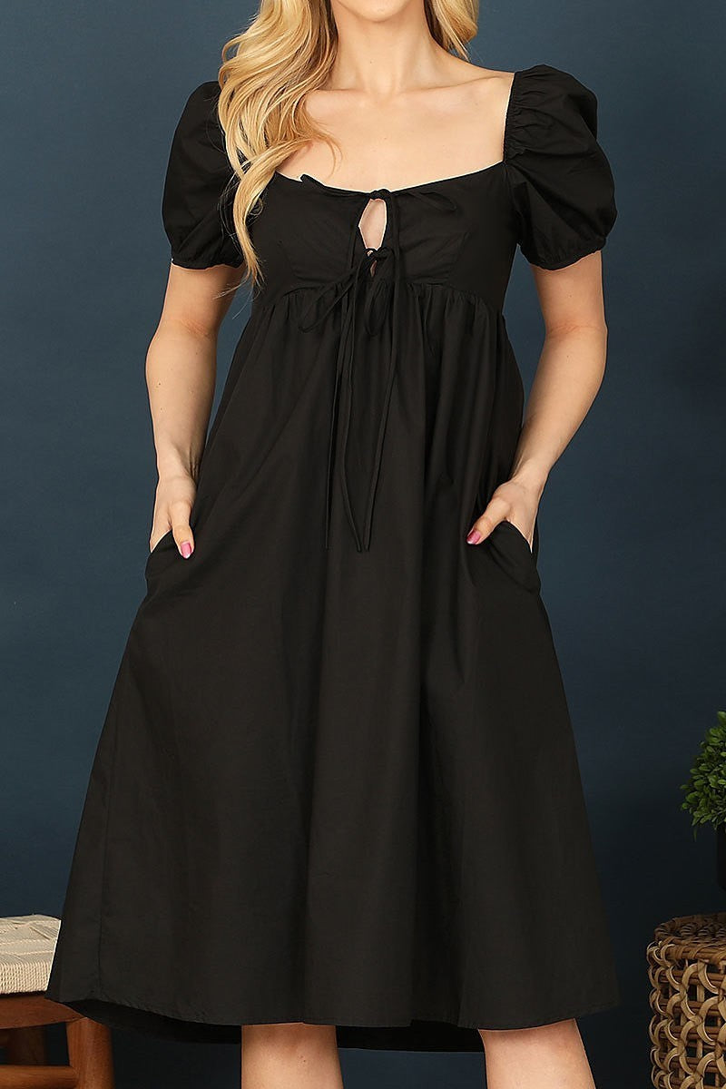 Keyhole tie detail puff sleeve side pocket dress (DED9307)