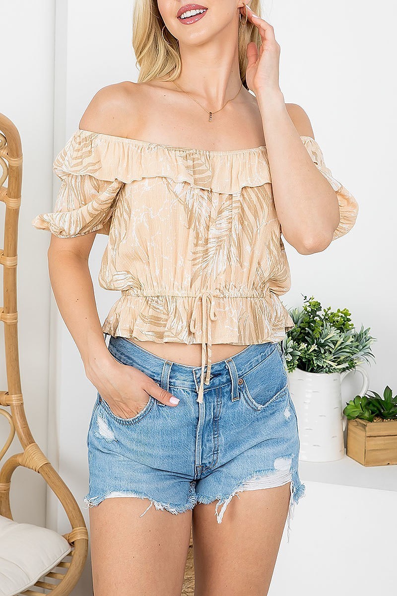 Off shoulder leaf print crop top (EF4187)