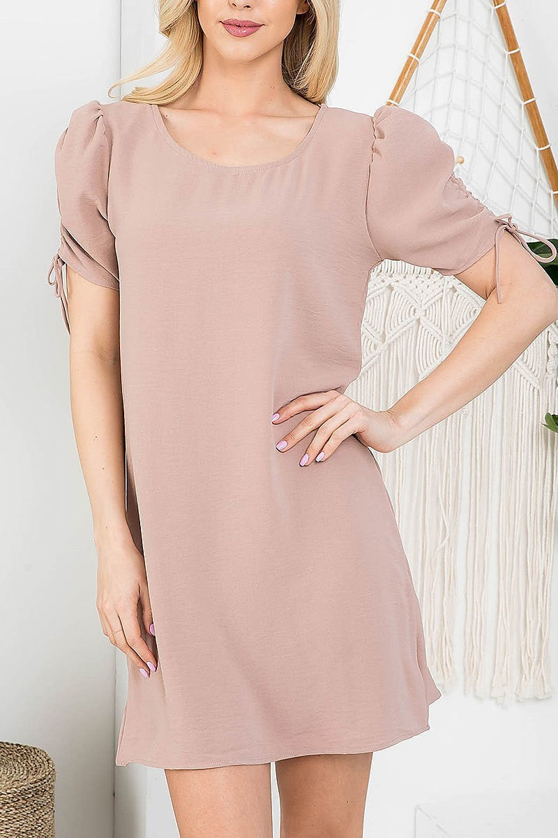 Ruched puff sleeve round neck tunic dress (DED7288)