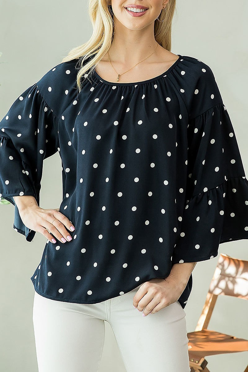 Bell sleeve polka dot ruched top (EF3938)