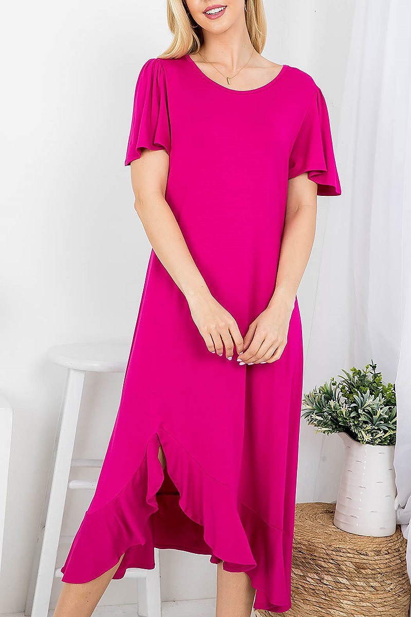 Flutter sleeve aymmetric ruffle hem midi dress (DED7827)