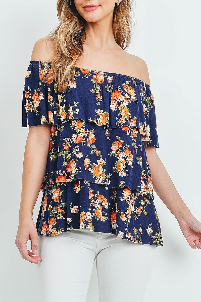 Off shoulder floral ruffle tiered layered top (ED8729-2)