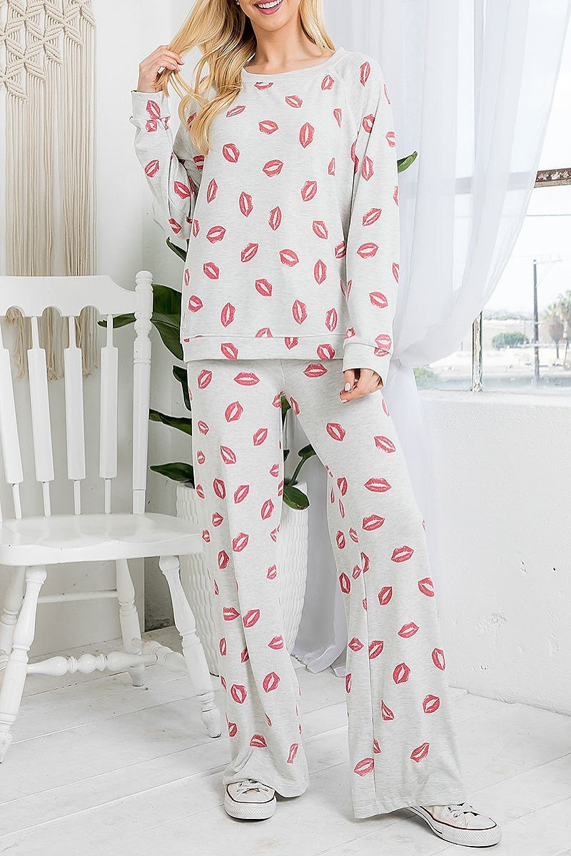 Kiss print cuffed long sleeve top and pants set (EF3159)