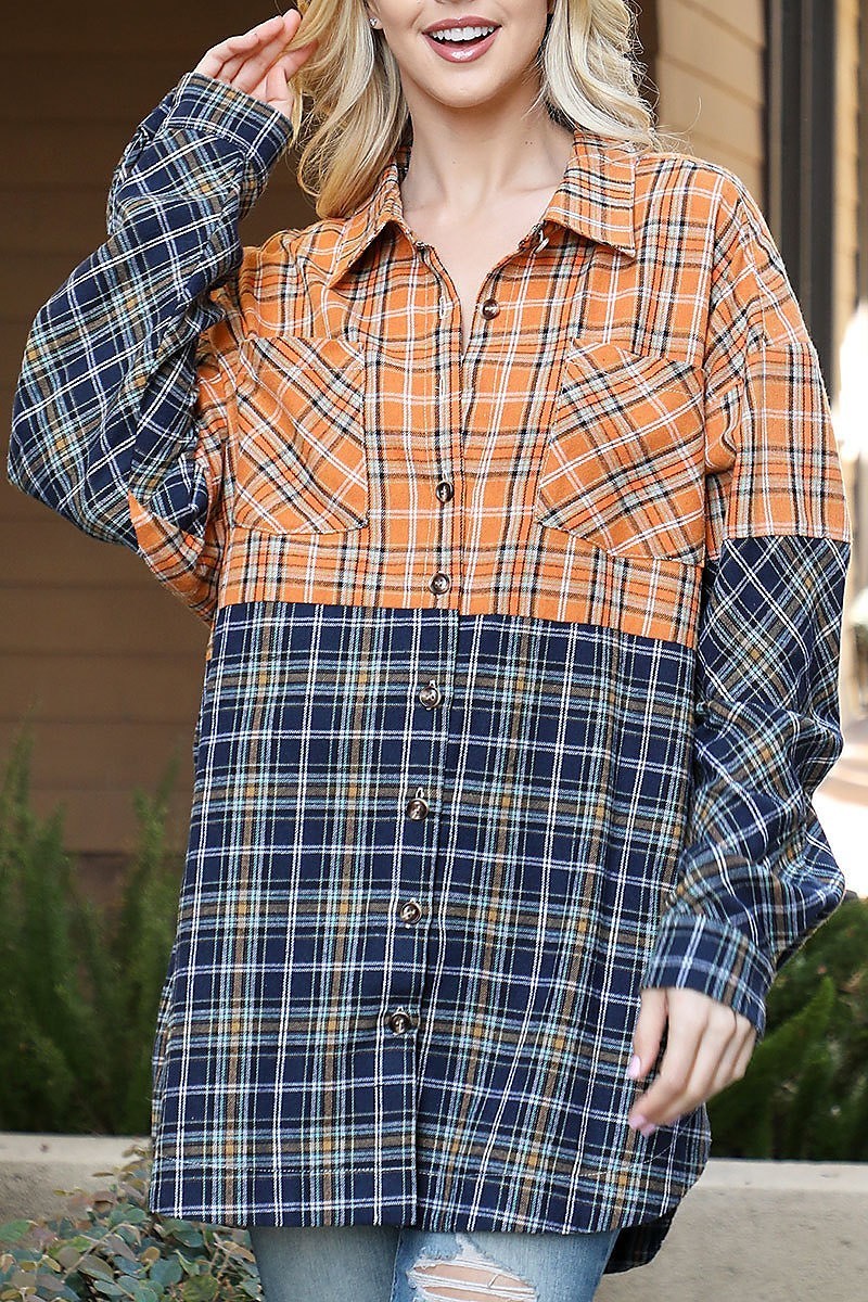 Puff long sleeve plaid contrast top (EF6958)