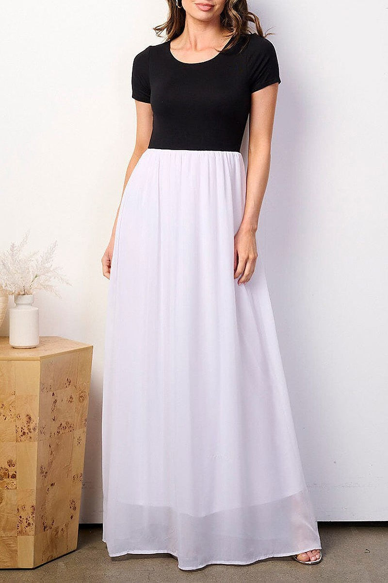 Short sleeve elastic waist colorblock maxi dress (EFWT8912)