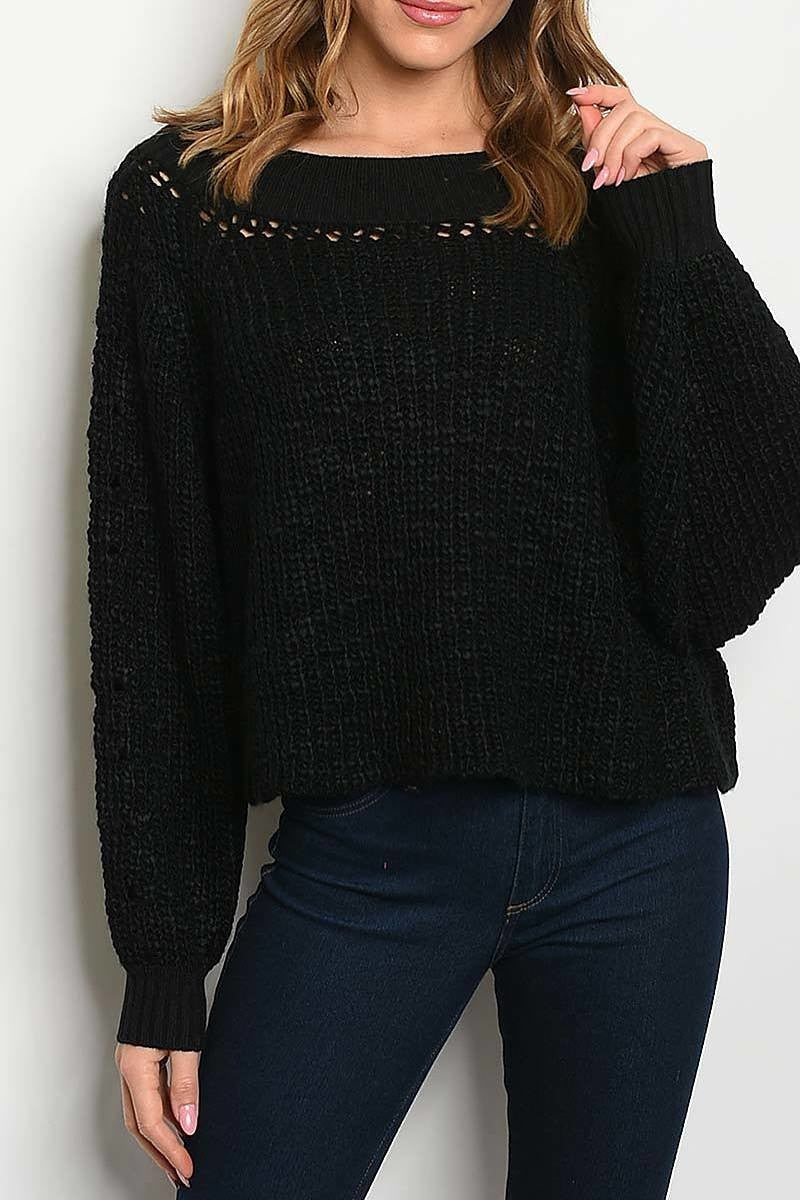 Ribbed band detail round neck puff sleeve sweater (DGS3911)