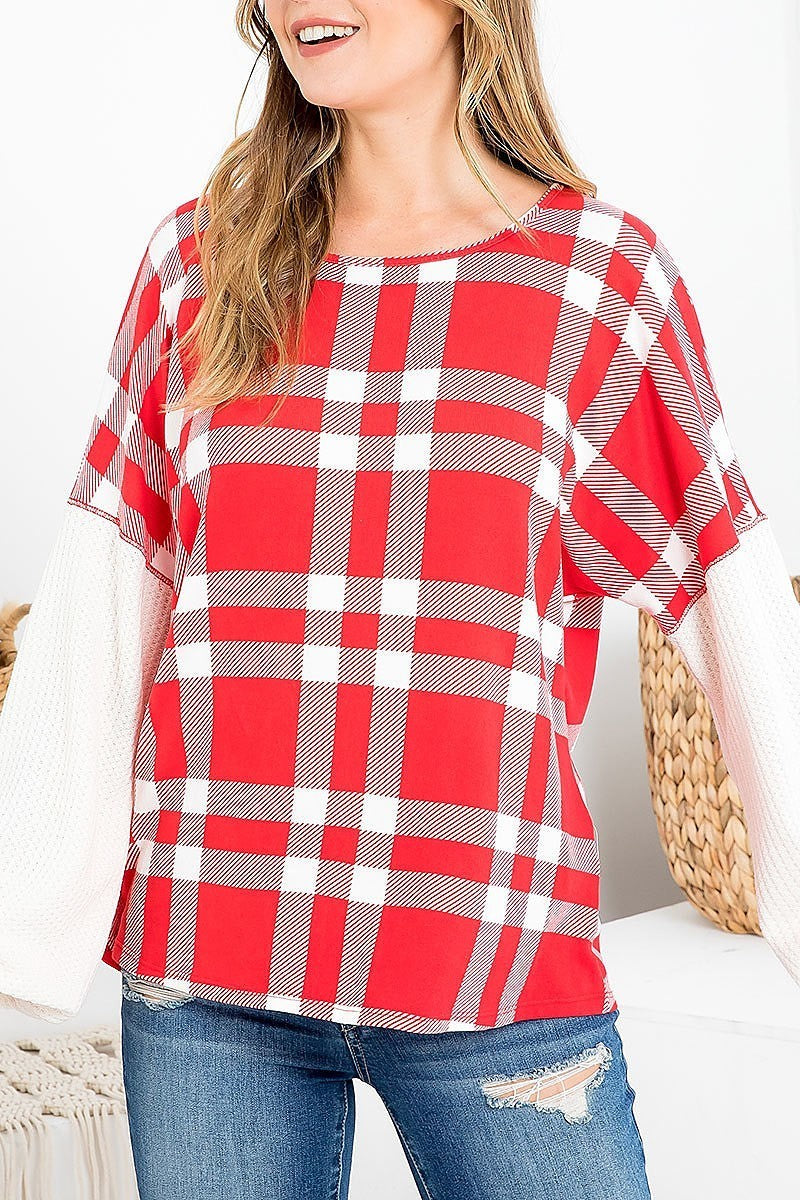 Knit elastic band long sleeve plaid top (EF2643)