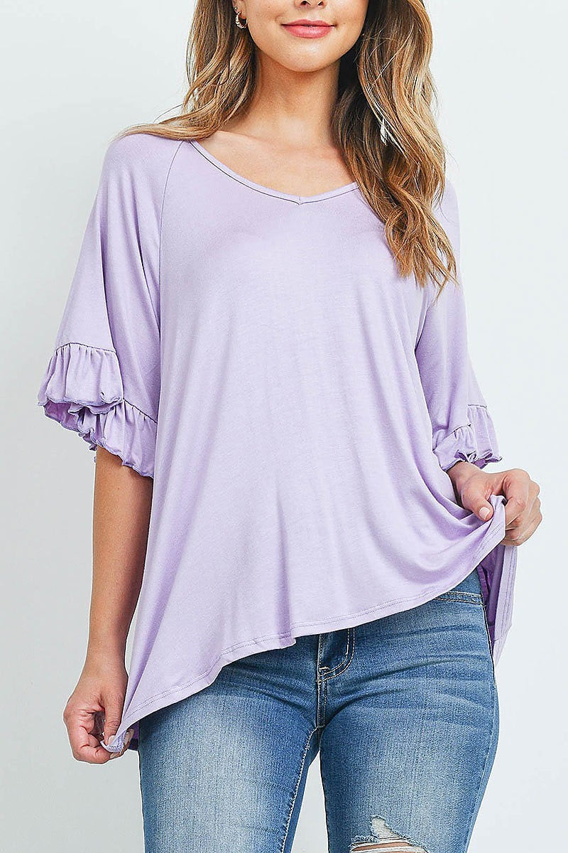 Ruffle detail bell sleeve v neck top (ED9619)