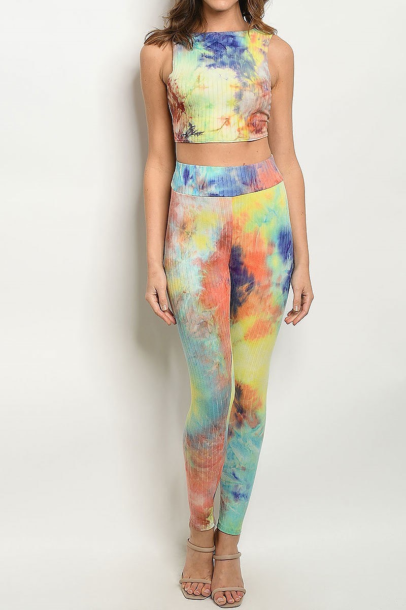 Tie dye crop tie back top and pants set (ED7758)