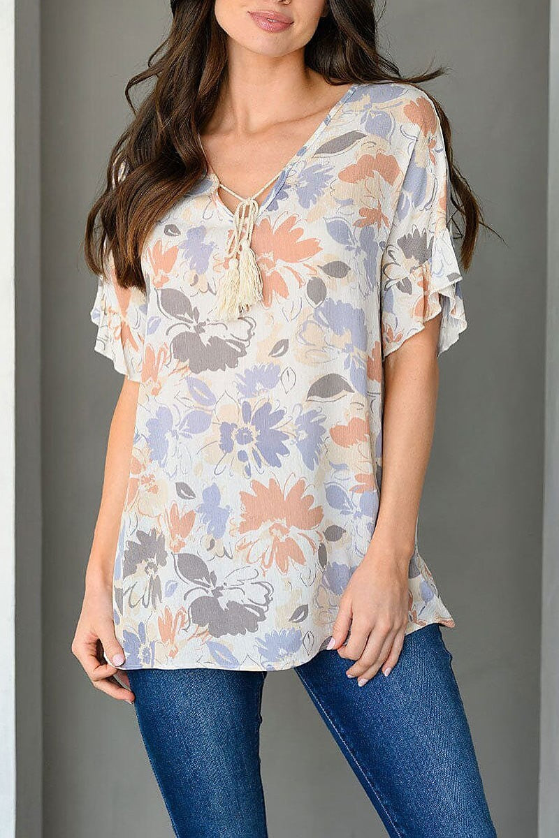 Short ruffle sleeve floral tunic top (EDWT9458)