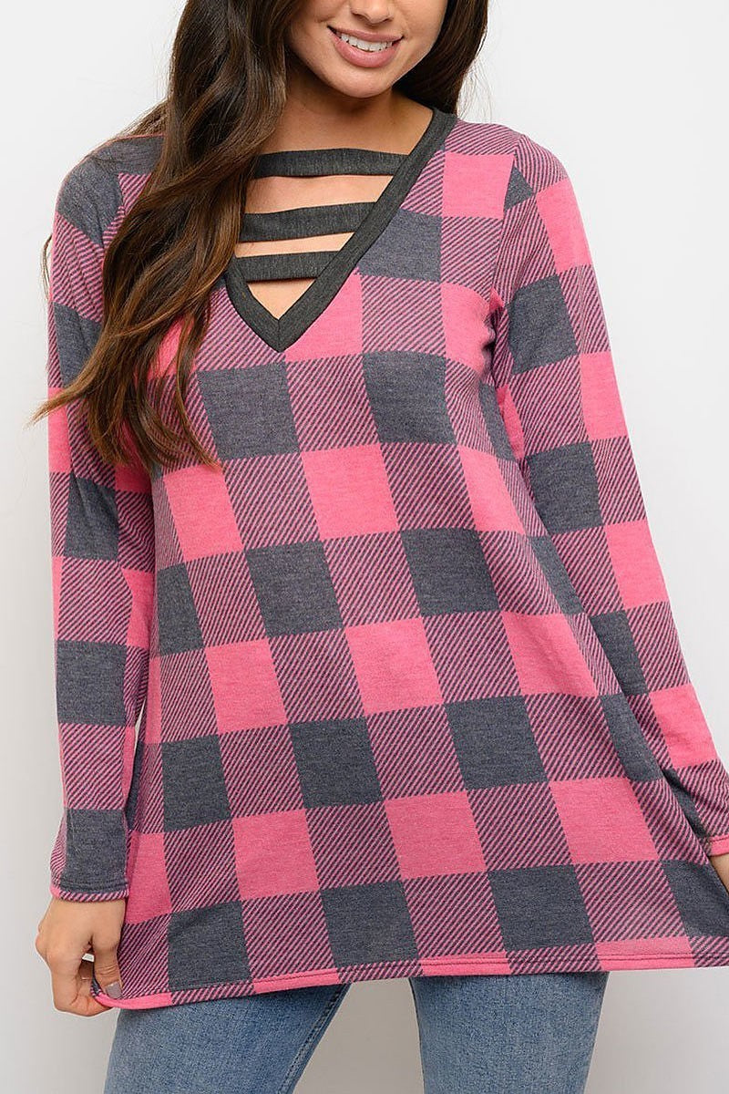 Tunic plaid print long sleeve top (EDWT3301)