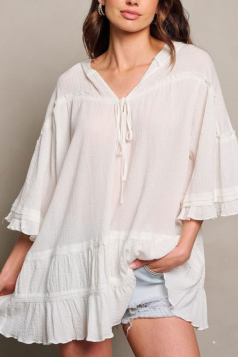 3/4 ruffle sleeve v-neck tiered hooded tunic top (EGWT1780)