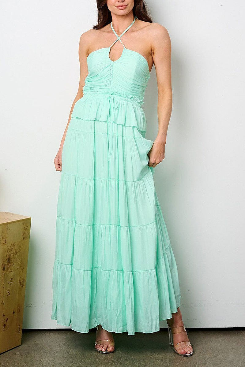 Halter neck ruffle tiered maxi dress (EFWT9073)