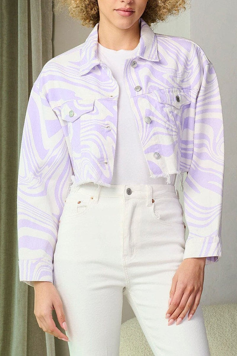 Button closure tie dye denim crop jacket (EFWT9328)