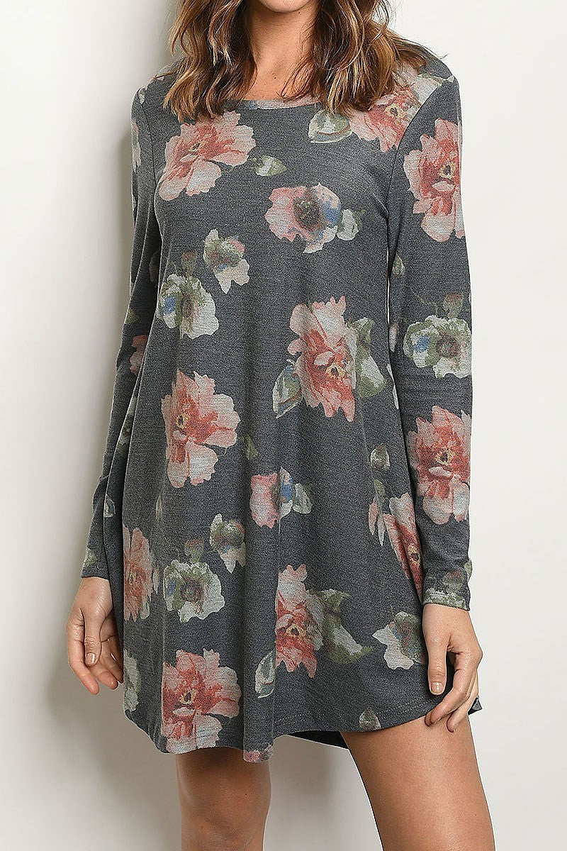 ROUND NECK FLORAL PRINT LOOSE FIT DRESS (DED5495-1)