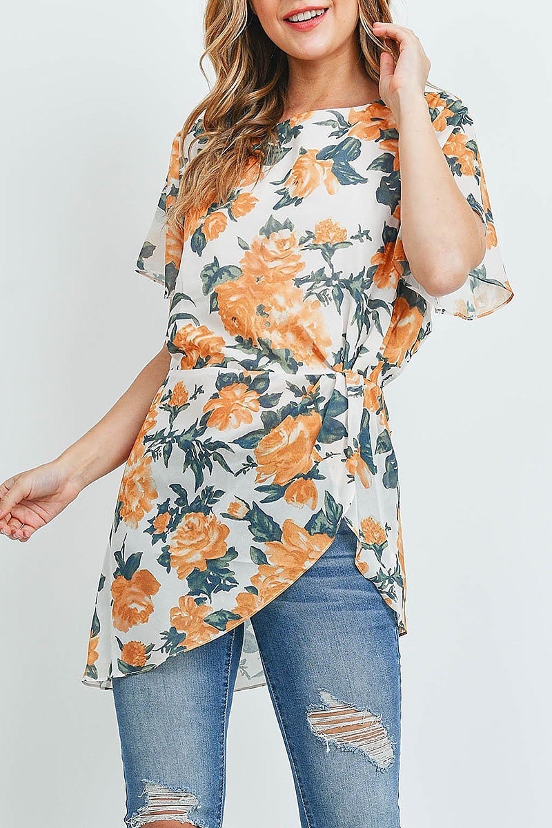 Flutter sleeve floral print pleated detail tunic top (ED9185)