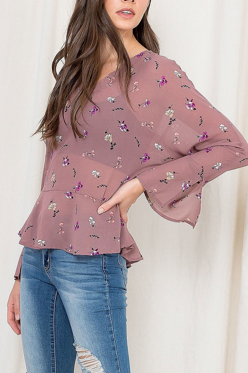 Bell sleeve floral print v neck sheer top (EF2671)