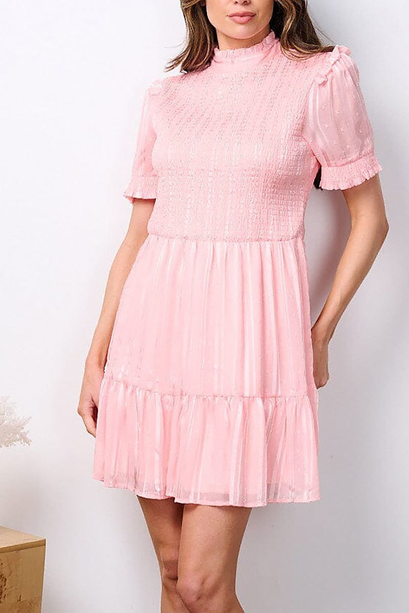 Short sleeve tiered smock swiss shimmer mini dress (EFWT7681)