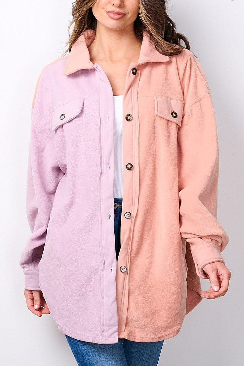 Long sleeve button up oversized colorblock top (EFWT7491)