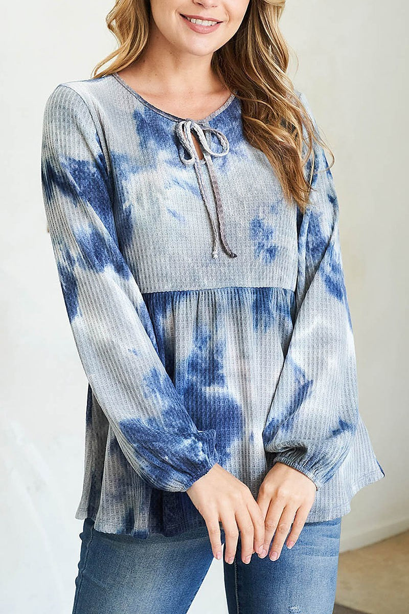 Puff sleeve neckline ribbon detail tie dye waffle top (EF2585)