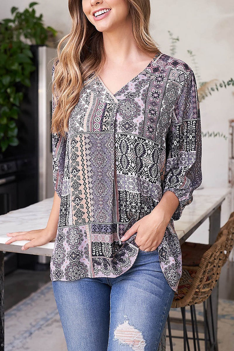 Quarter sleeve v neck front pleat printed top (EF2188)