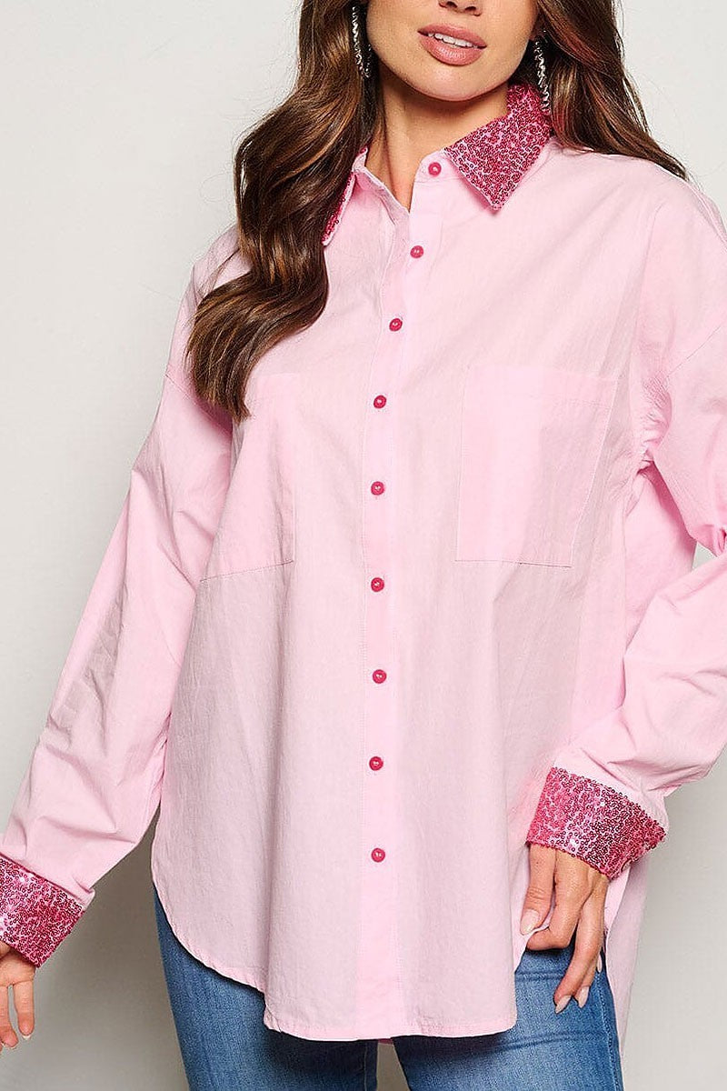 Long sleeve button up sequins graphic blouse top (EGWT1148)