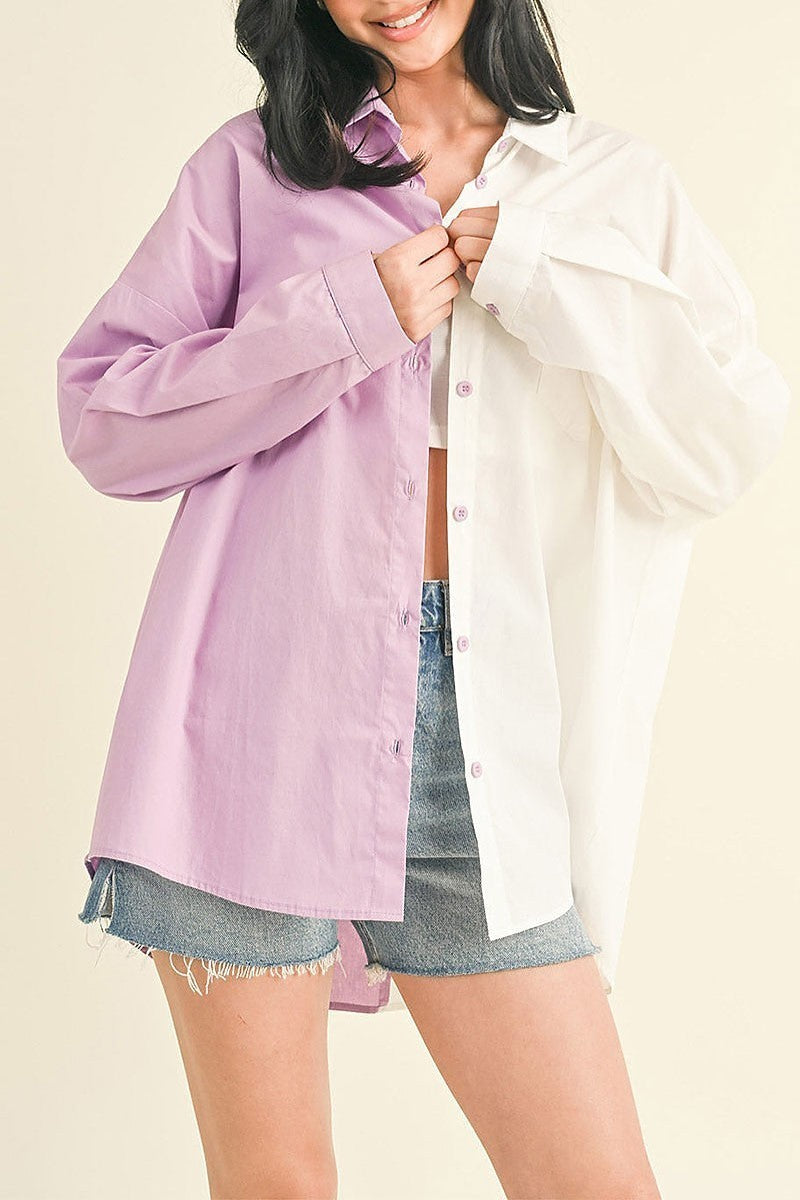 Long sleeve button up colorblock oversized top (EGWT2318)