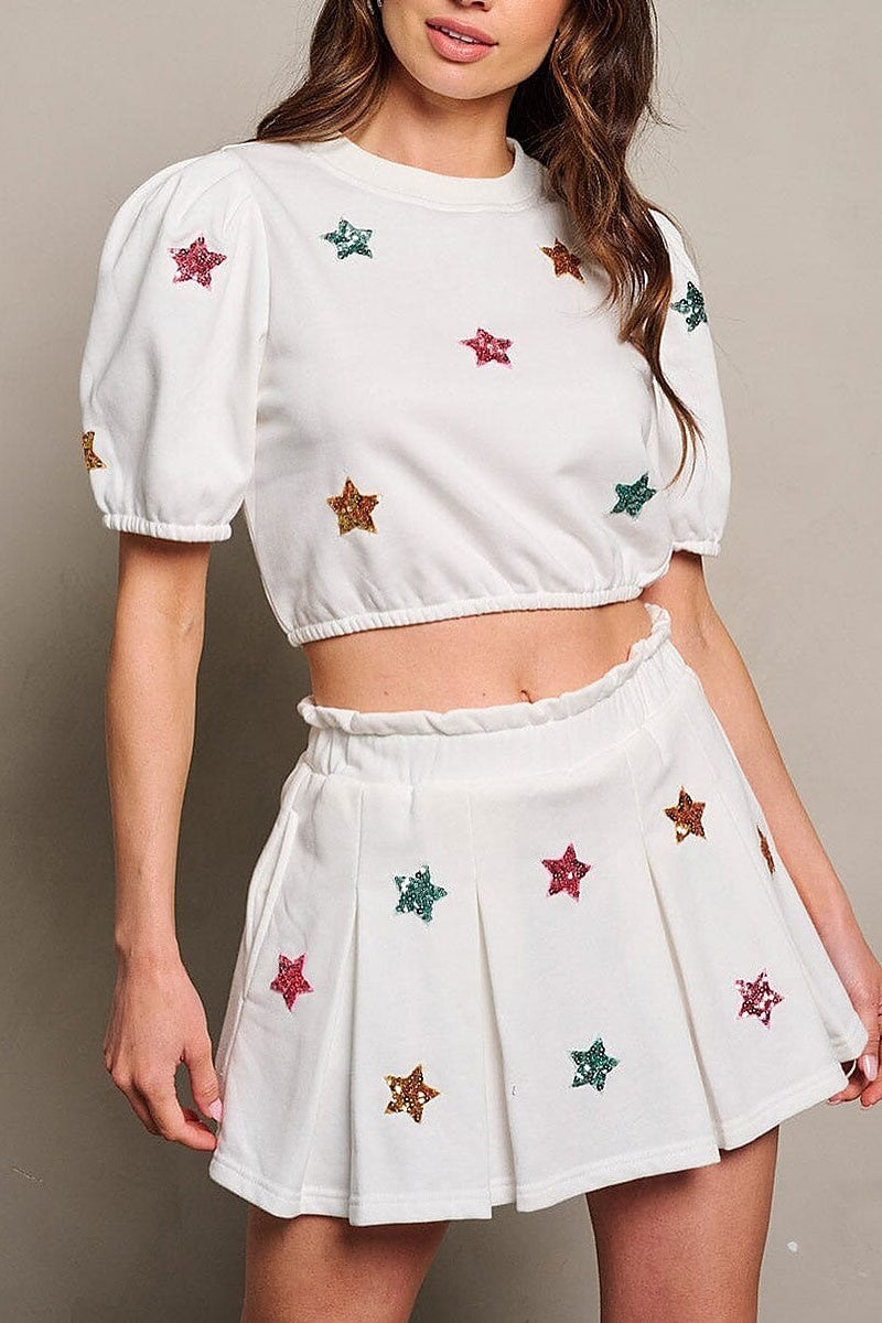 Short puff sleeve sequins stars crop top (EGWT1812-TOP)