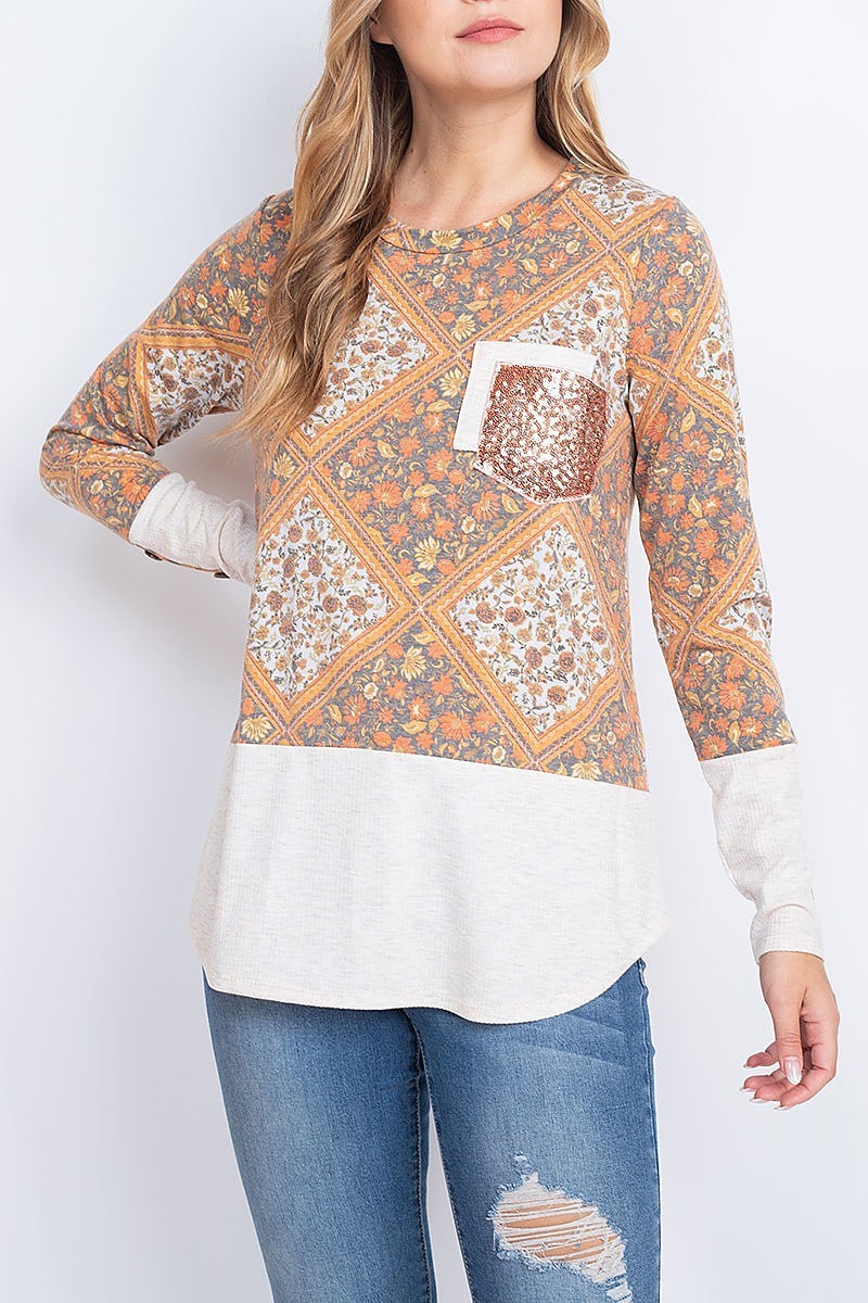 Button detail sleeve tile floral top with sequin pocket (EF2002)