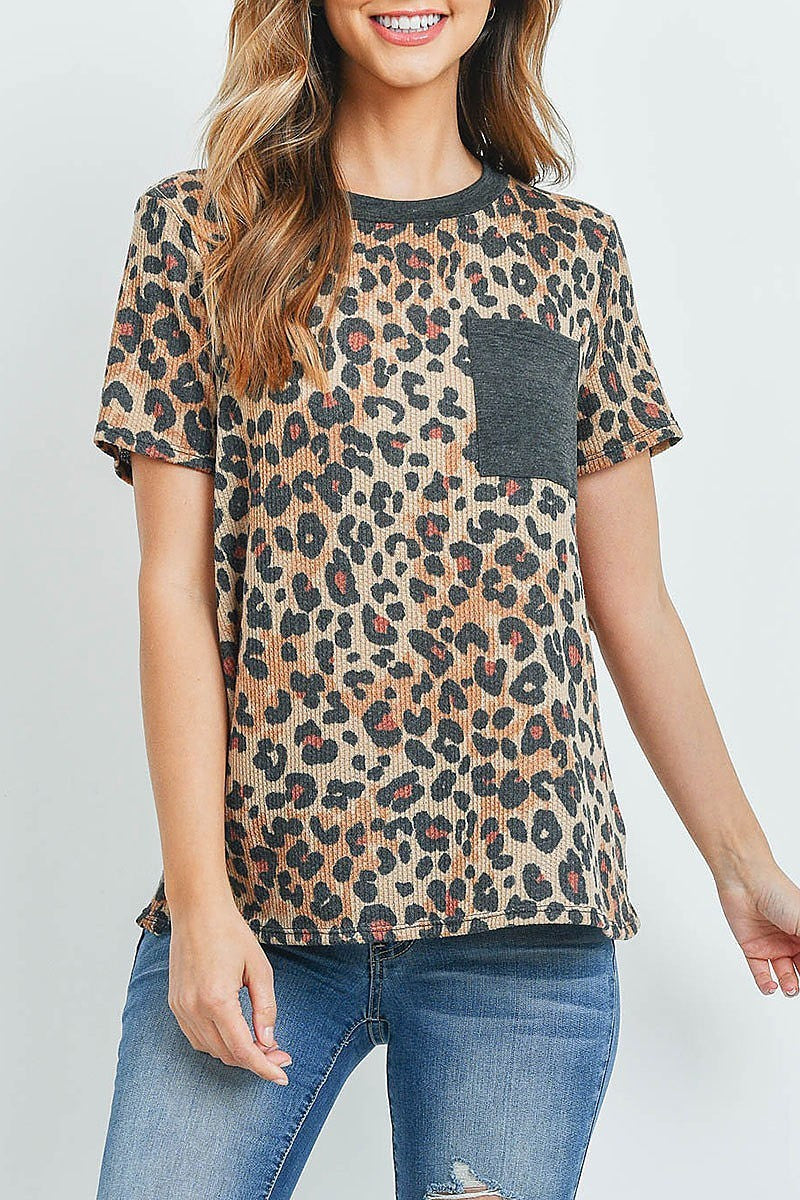 Leopard rib detail pocket top (ED8830)