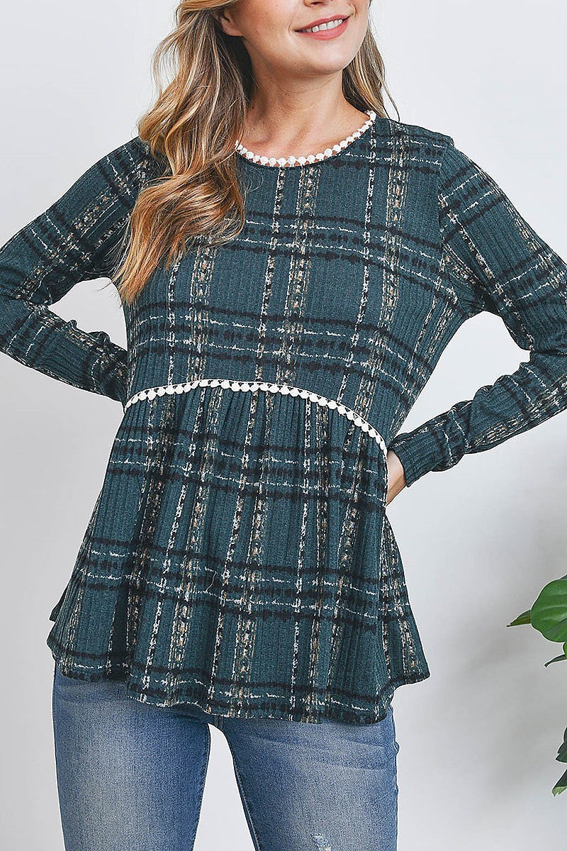 Pompom detail long sleeve plaid top (EF2409)