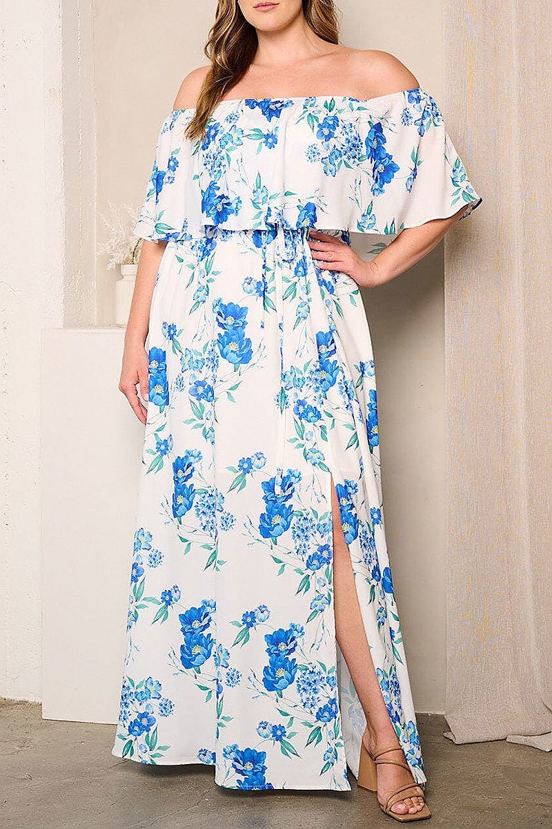 Off shoulder ruffle side slit floral maxi dress (EFWT4040)