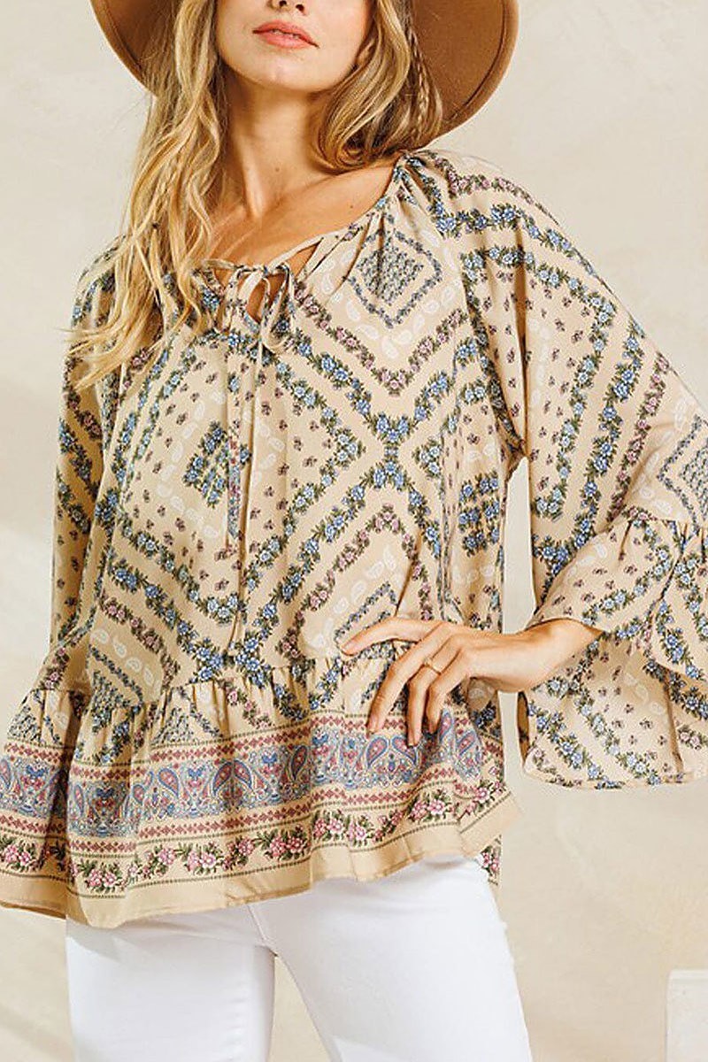 Long sleeve ruffle tunic multi print top (EDWT8502)