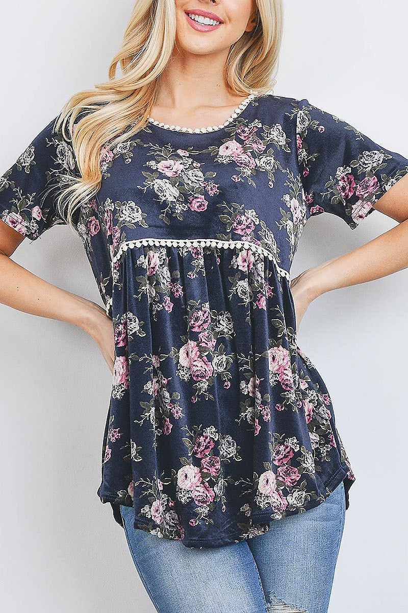 Lace trim floral print velvet baby doll top (EF2647)