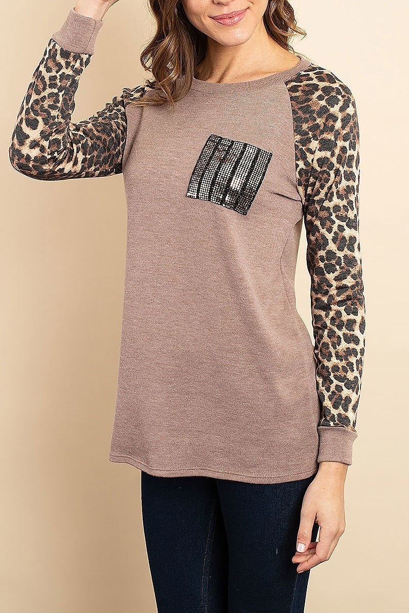 Animal print sleeve sequin pocket color block top (ED8013-2)